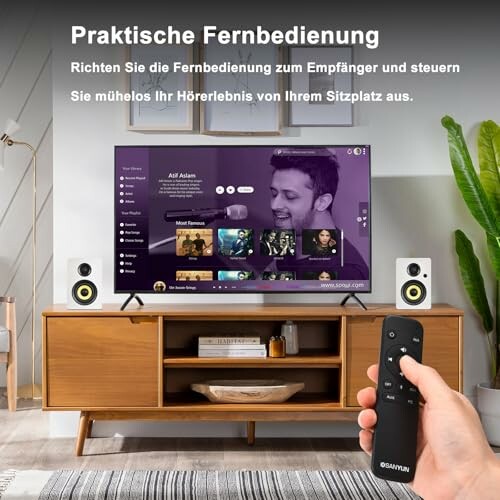 Person hält Fernbedienung vor einem Fernseher mit Musik-Streaming-Dienst.