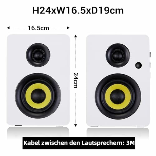 Weiße Lautsprecher mit gelben Membranen und Abmessungen
